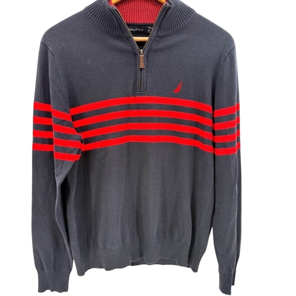 Nautica Mens Small Navy Blue Red Striped Quarter Zip Cotton Knit Sweater